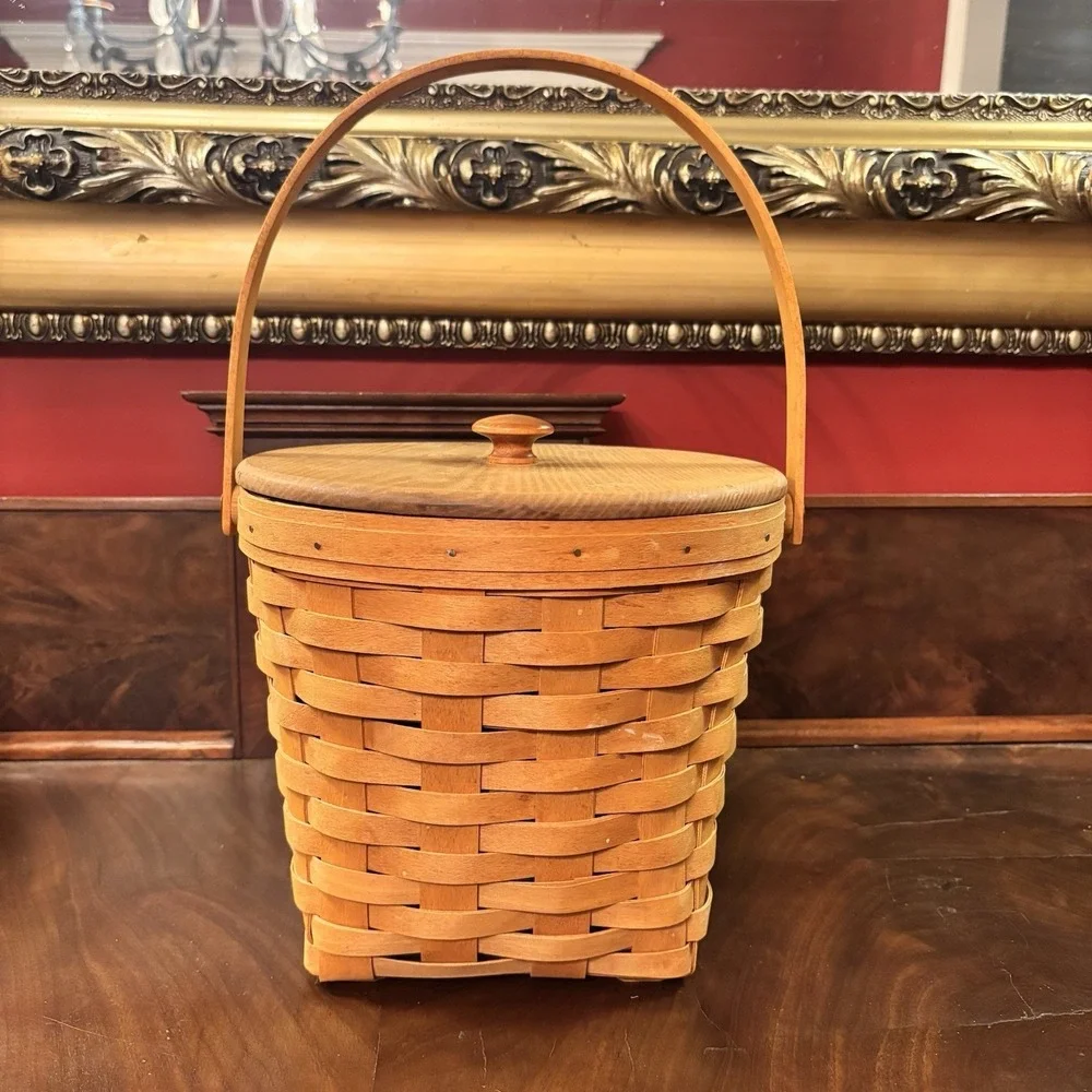 Longaberger 1995 Handwoven Fruit  Basket Wood Lid Plastic Liner Swing Handle